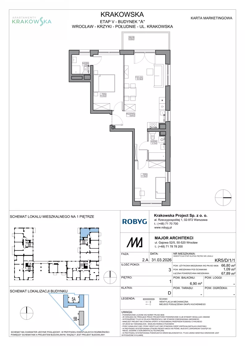 3 pokoje, mieszkanie 66,80 m², piętro 1, oferta nr KR5/D/1/1, Apartamenty Krakowska 5, Wrocław, Przedmieście Oławskie, Krzyki, ul. Krakowska