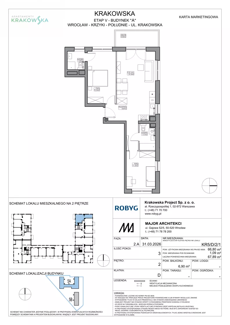 3 pokoje, mieszkanie 66,80 m², piętro 2, oferta nr KR5/D/2/1, Apartamenty Krakowska 5, Wrocław, Przedmieście Oławskie, Krzyki, ul. Krakowska