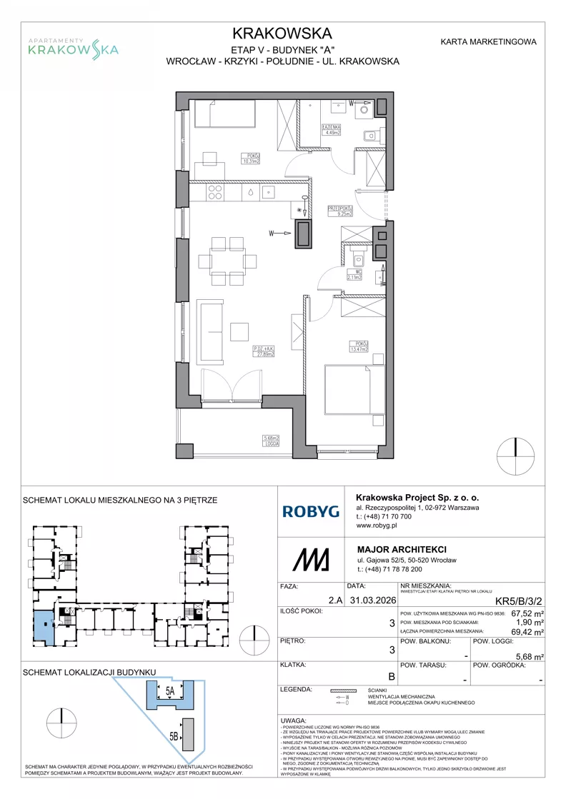 3 pokoje, mieszkanie 67,52 m², piętro 3, oferta nr KR5/B/3/2, Apartamenty Krakowska 5, Wrocław, Przedmieście Oławskie, Krzyki, ul. Krakowska