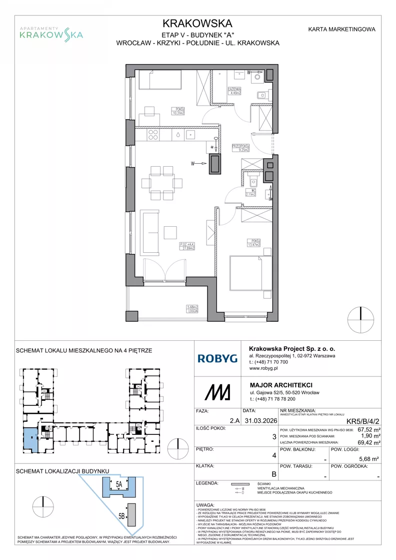 3 pokoje, mieszkanie 67,52 m², piętro 4, oferta nr KR5/B/4/2, Apartamenty Krakowska 5, Wrocław, Przedmieście Oławskie, Krzyki, ul. Krakowska