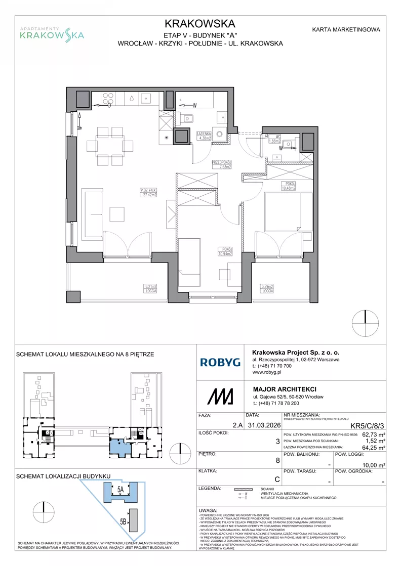 3 pokoje, mieszkanie 62,73 m², piętro 8, oferta nr KR5/C/8/3, Apartamenty Krakowska 5, Wrocław, Przedmieście Oławskie, Krzyki, ul. Krakowska