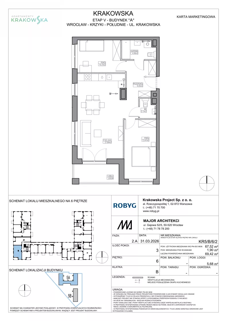 3 pokoje, mieszkanie 67,52 m², piętro 6, oferta nr KR5/B/6/2, Apartamenty Krakowska 5, Wrocław, Przedmieście Oławskie, Krzyki, ul. Krakowska