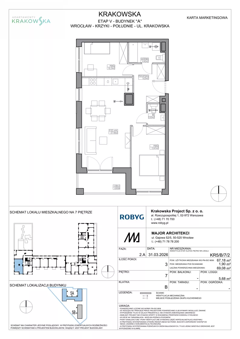 3 pokoje, mieszkanie 67,18 m², piętro 7, oferta nr KR5/B/7/2, Apartamenty Krakowska 5, Wrocław, Przedmieście Oławskie, Krzyki, ul. Krakowska
