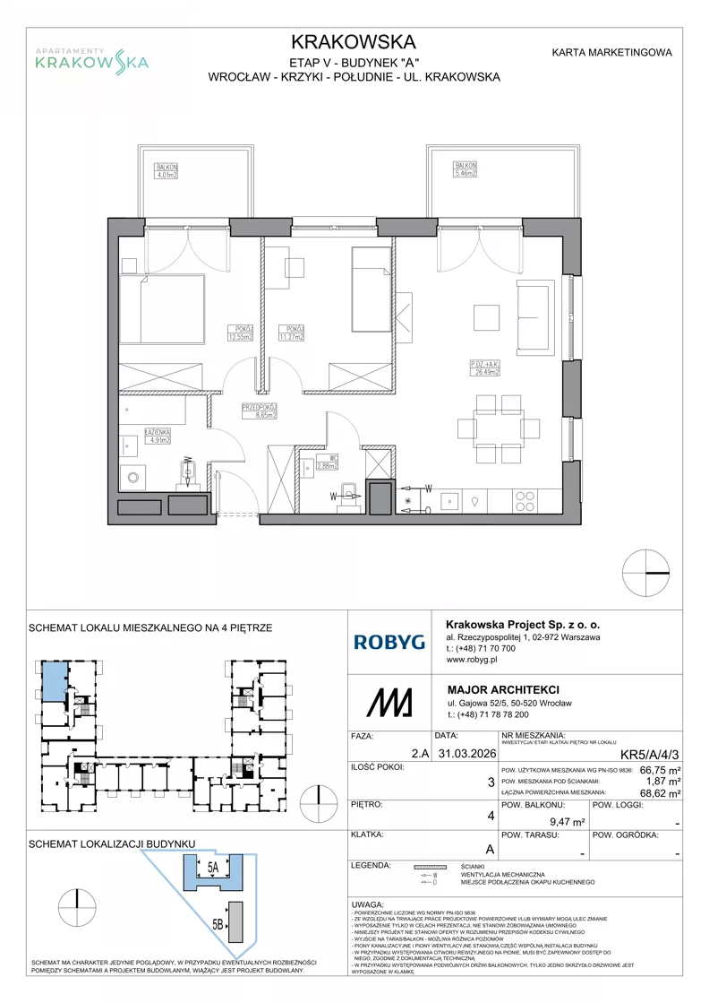 3 pokoje, mieszkanie 66,75 m², piętro 4, oferta nr KR5/A/4/3, Apartamenty Krakowska 5, Wrocław, Przedmieście Oławskie, Krzyki, ul. Krakowska