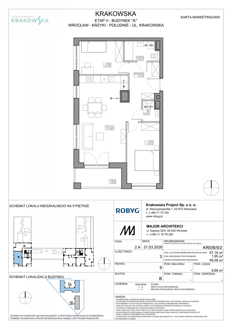 3 pokoje, mieszkanie 67,18 m², piętro 9, oferta nr KR5/B/9/2, Apartamenty Krakowska 5, Wrocław, Przedmieście Oławskie, Krzyki, ul. Krakowska