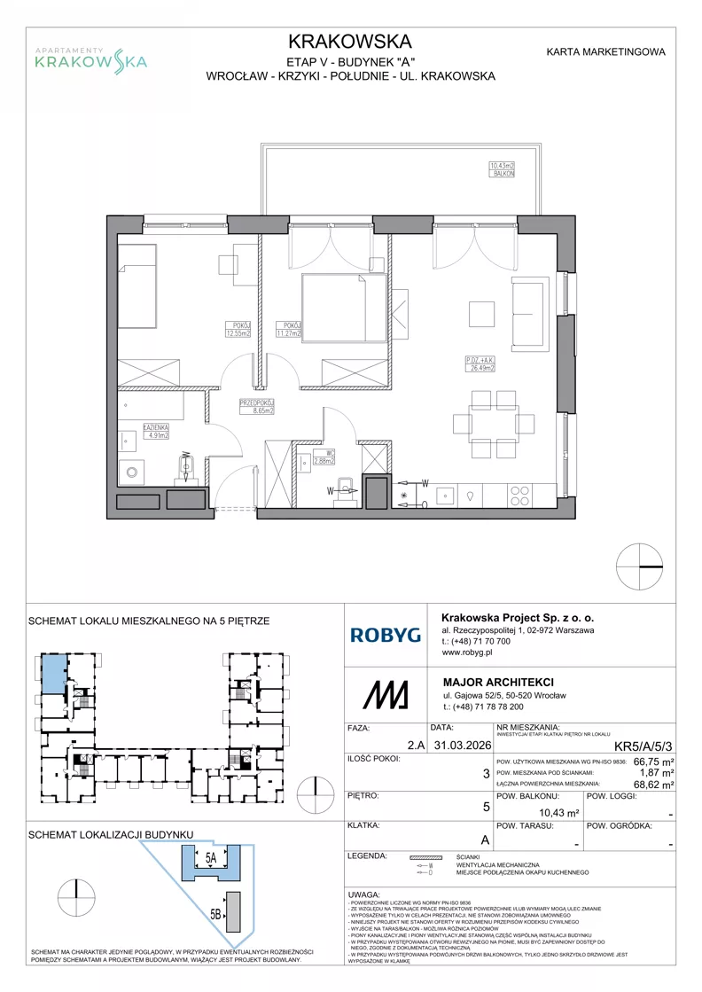 3 pokoje, mieszkanie 66,75 m², piętro 5, oferta nr KR5/A/5/3, Apartamenty Krakowska 5, Wrocław, Przedmieście Oławskie, Krzyki, ul. Krakowska