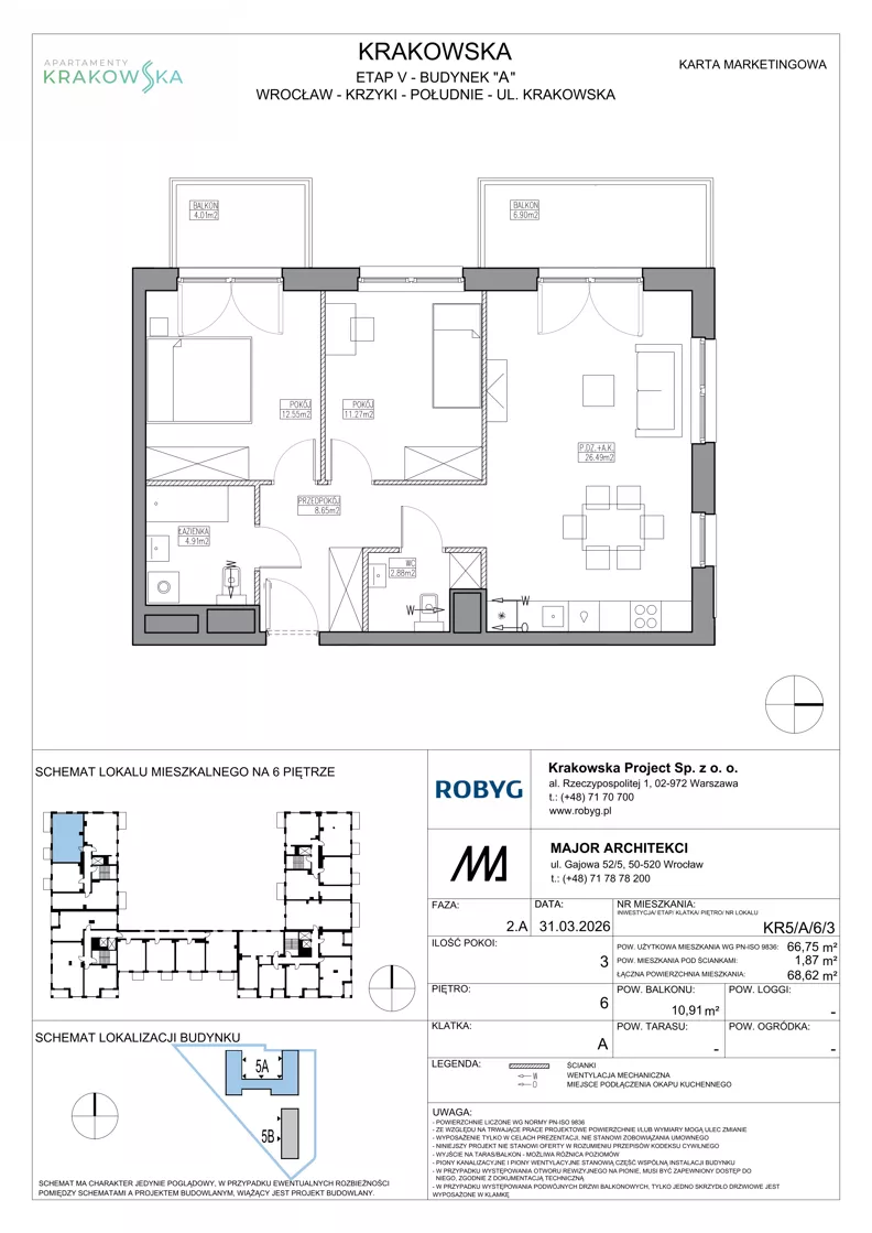 3 pokoje, mieszkanie 66,75 m², piętro 6, oferta nr KR5/A/6/3, Apartamenty Krakowska 5, Wrocław, Przedmieście Oławskie, Krzyki, ul. Krakowska