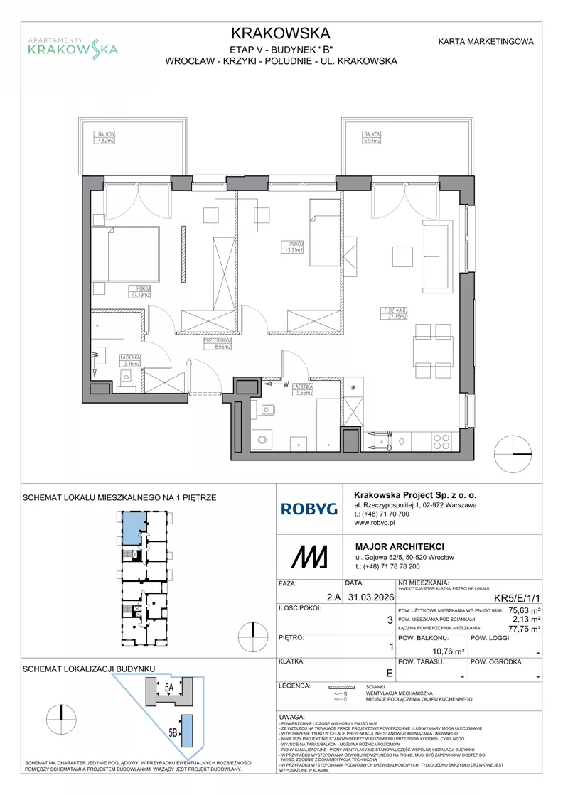 3 pokoje, mieszkanie 75,63 m², piętro 1, oferta nr KR5/E/1/1, Apartamenty Krakowska 5, Wrocław, Przedmieście Oławskie, Krzyki, ul. Krakowska