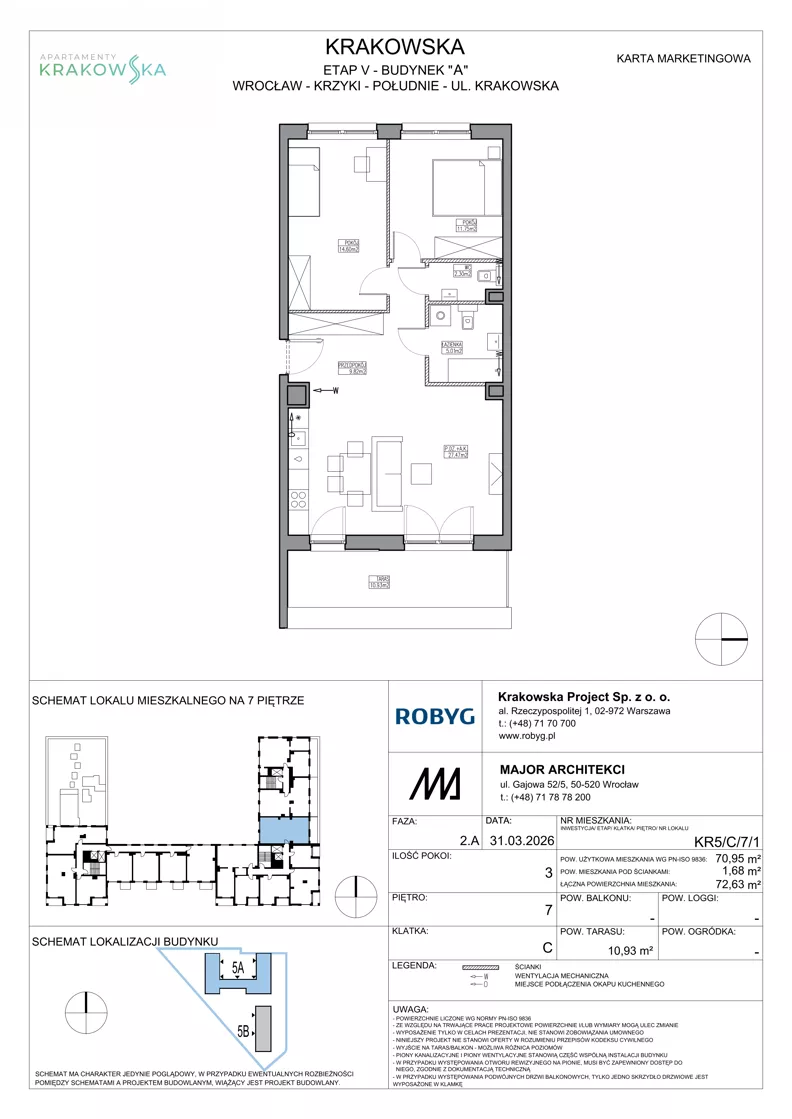 3 pokoje, mieszkanie 70,95 m², piętro 7, oferta nr KR5/C/7/1, Apartamenty Krakowska 5, Wrocław, Przedmieście Oławskie, Krzyki, ul. Krakowska