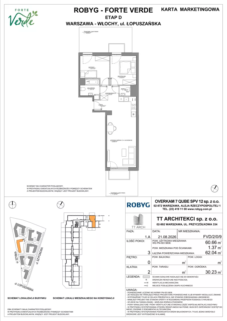 3 pokoje, mieszkanie 60,66 m², parter, oferta nr FVD/2/0/9, Forte Verde, Warszawa, Włochy, Raków, ul. Łopuszańska