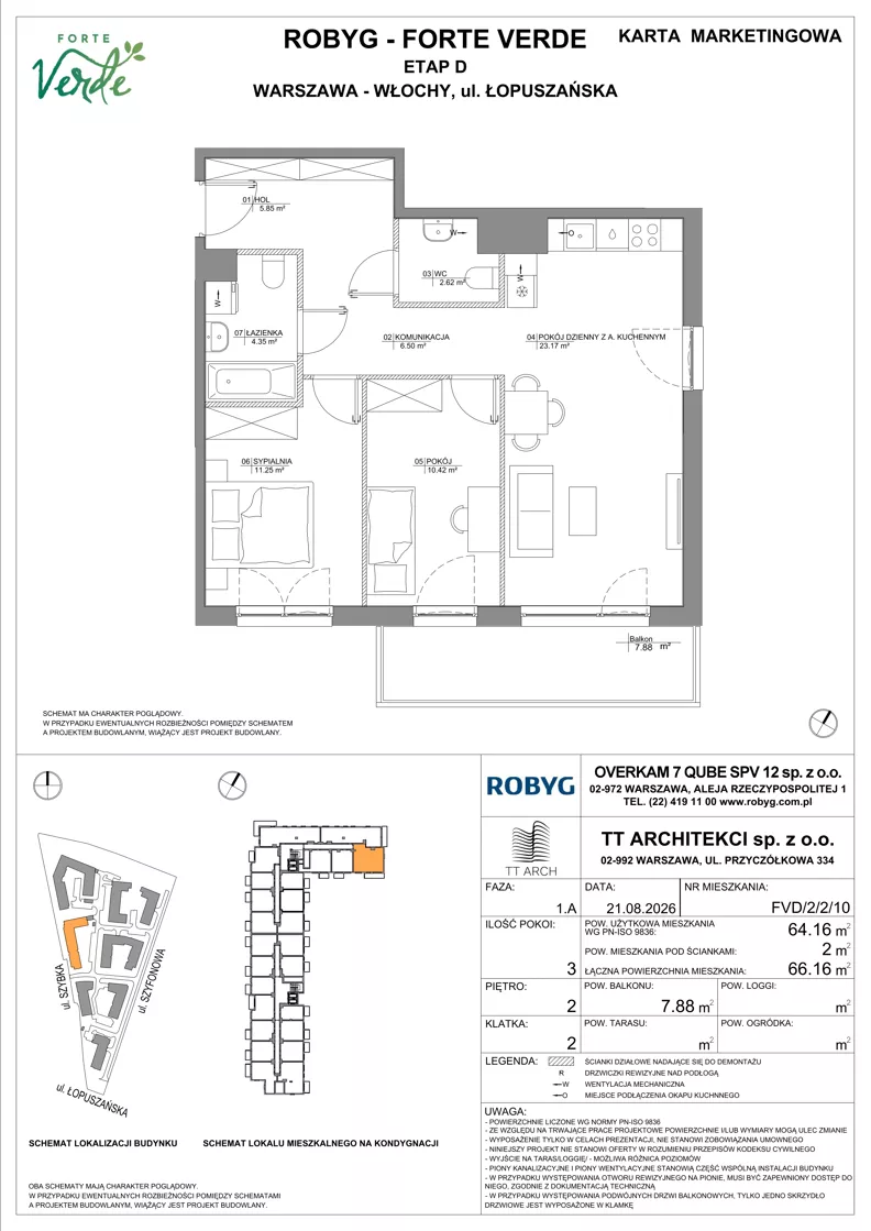 3 pokoje, mieszkanie 64,16 m², piętro 2, oferta nr FVD/2/2/10, Forte Verde, Warszawa, Włochy, Raków, ul. Łopuszańska