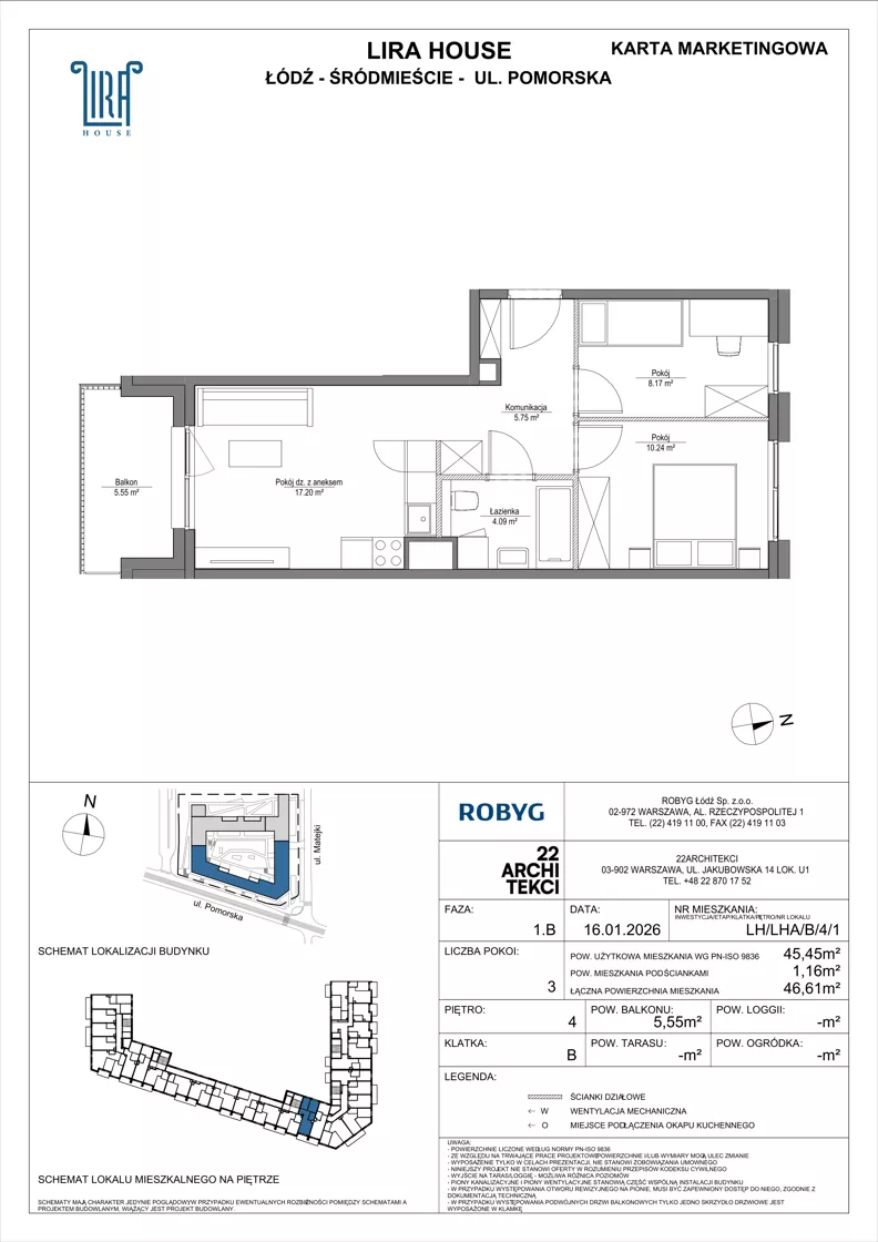 3 pokoje, mieszkanie 45,45 m², piętro 4, oferta nr LH/LHA/B/4/1, Lira House, Łódź, Śródmieście, ul. Pomorska
