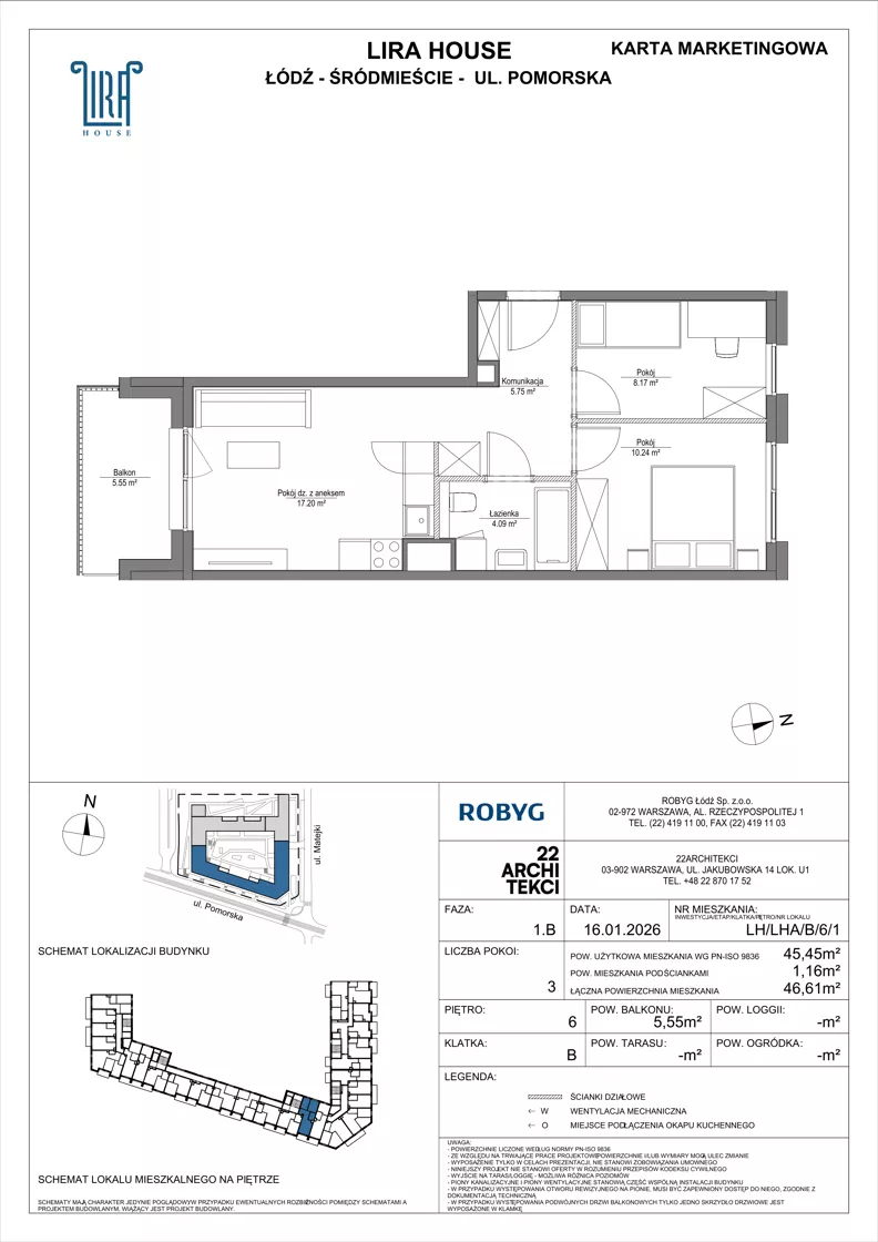 3 pokoje, mieszkanie 45,45 m², piętro 6, oferta nr LH/LHA/B/6/1, Lira House, Łódź, Śródmieście, ul. Pomorska