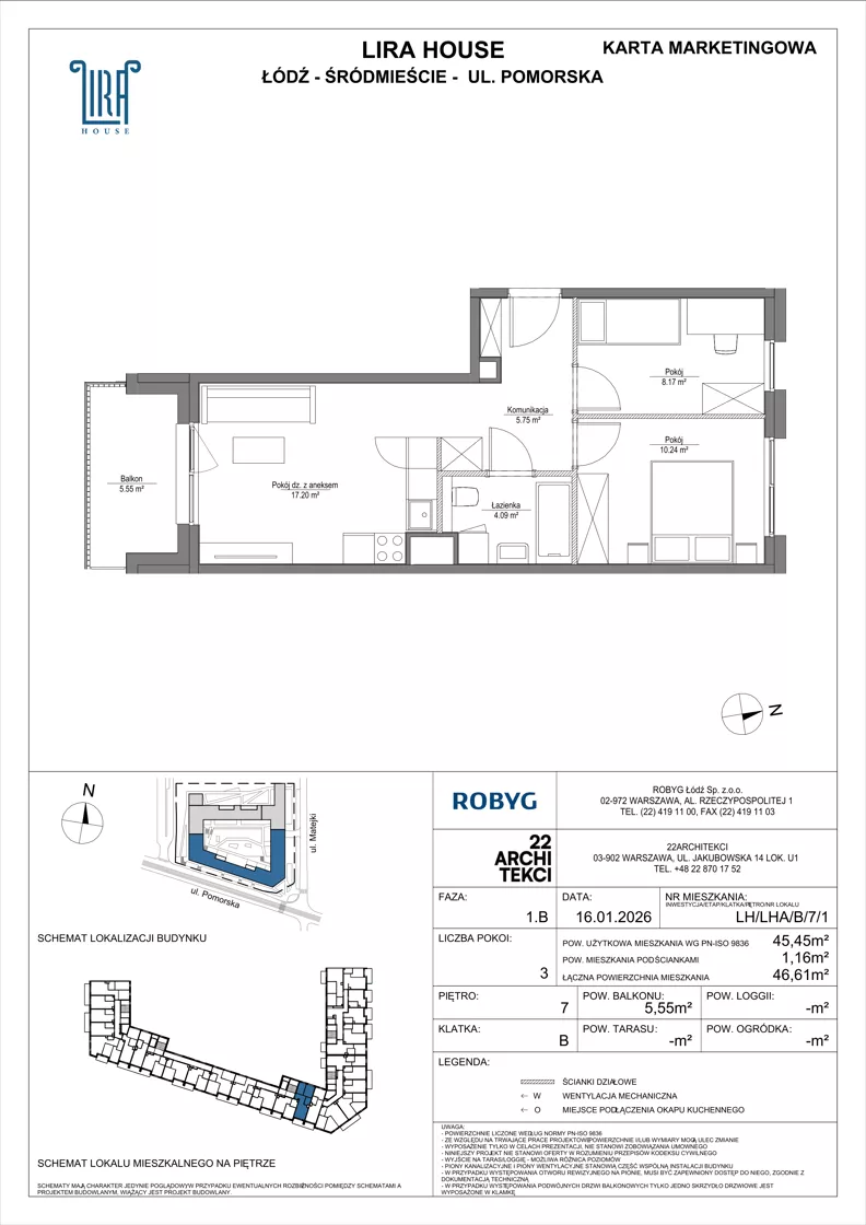 3 pokoje, mieszkanie 45,45 m², piętro 7, oferta nr LH/LHA/B/7/1, Lira House, Łódź, Śródmieście, ul. Pomorska
