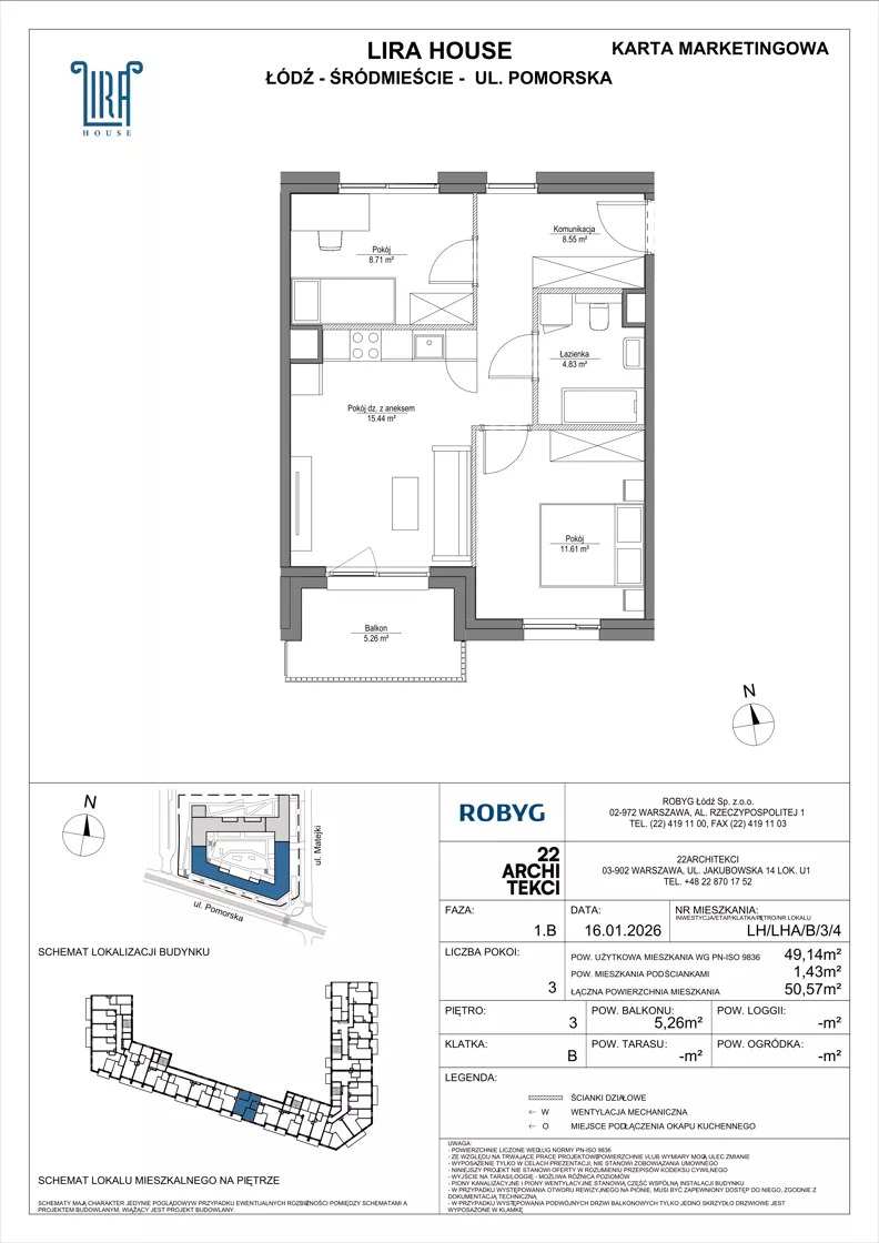 3 pokoje, mieszkanie 49,14 m², piętro 3, oferta nr LH/LHA/B/3/4, Lira House, Łódź, Śródmieście, ul. Pomorska