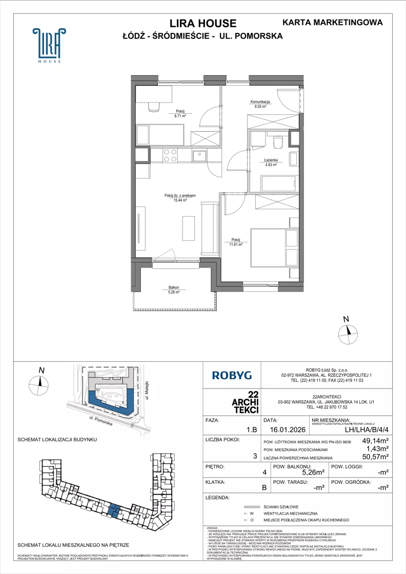 3 pokoje, mieszkanie 49,14 m², piętro 4, oferta nr LH/LHA/B/4/4, Lira House, Łódź, Śródmieście, ul. Pomorska