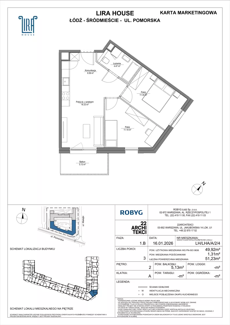 3 pokoje, mieszkanie 49,92 m², piętro 2, oferta nr LH/LHA/A/2/4, Lira House, Łódź, Śródmieście, ul. Pomorska