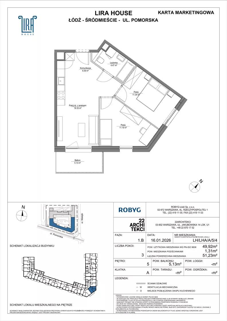 3 pokoje, mieszkanie 49,92 m², piętro 5, oferta nr LH/LHA/A/5/4, Lira House, Łódź, Śródmieście, ul. Pomorska