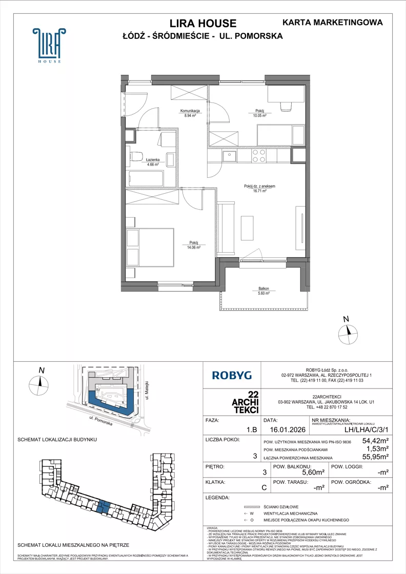 3 pokoje, mieszkanie 54,42 m², piętro 3, oferta nr LH/LHA/C/3/1, Lira House, Łódź, Śródmieście, ul. Pomorska