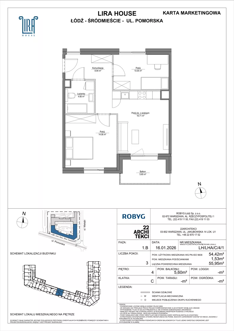 3 pokoje, mieszkanie 54,42 m², piętro 4, oferta nr LH/LHA/C/4/1, Lira House, Łódź, Śródmieście, ul. Pomorska