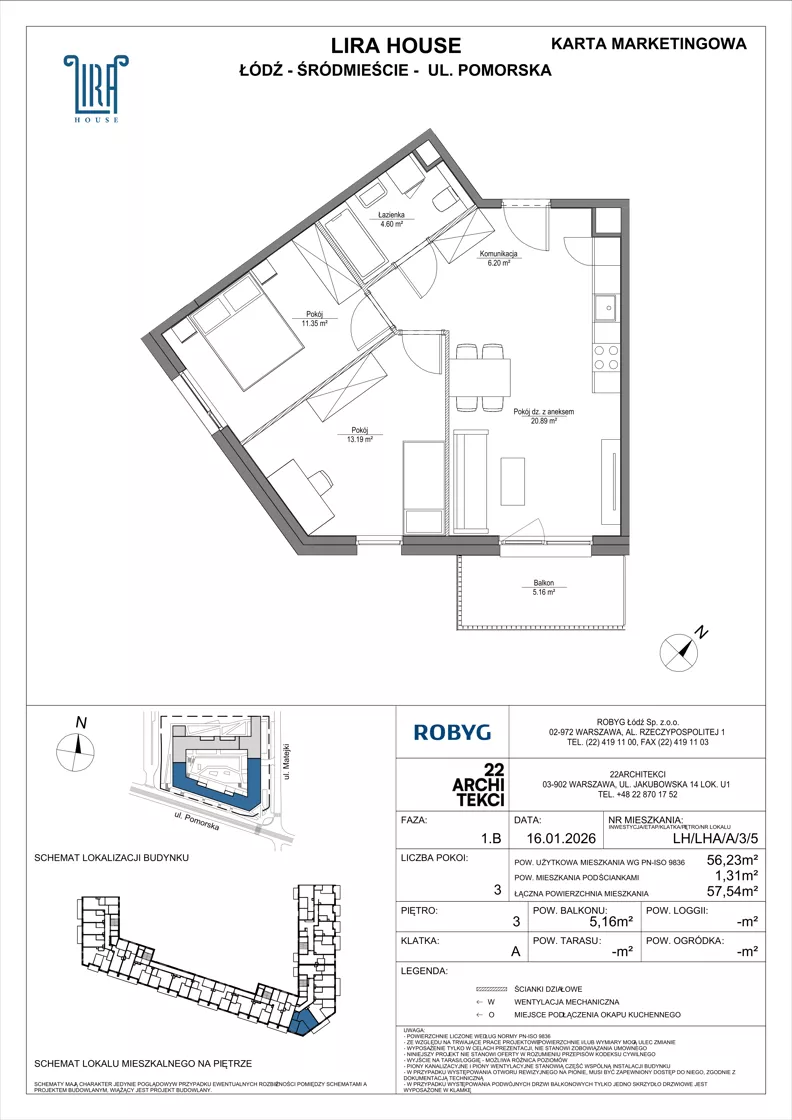 3 pokoje, mieszkanie 56,23 m², piętro 3, oferta nr LH/LHA/A/3/5, Lira House, Łódź, Śródmieście, ul. Pomorska