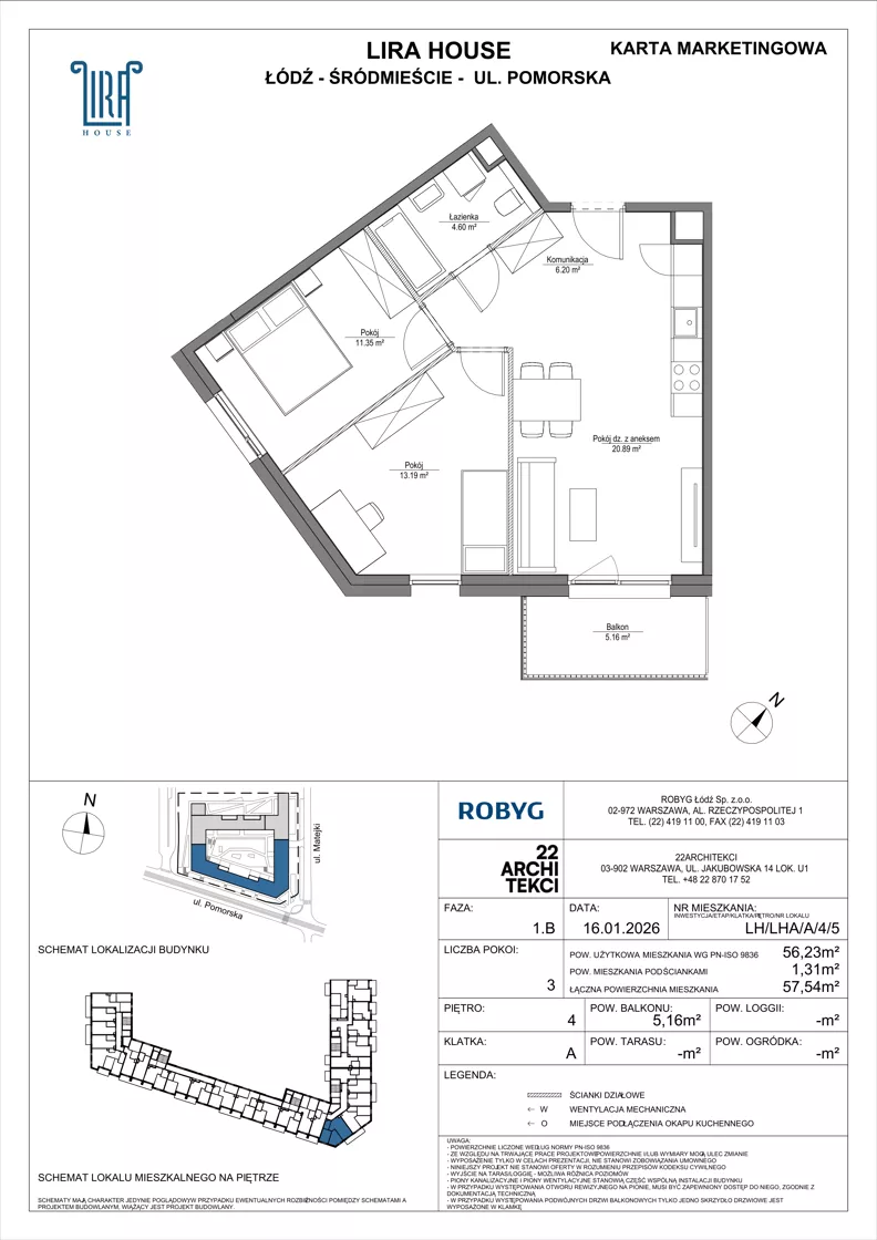 3 pokoje, mieszkanie 56,23 m², piętro 4, oferta nr LH/LHA/A/4/5, Lira House, Łódź, Śródmieście, ul. Pomorska