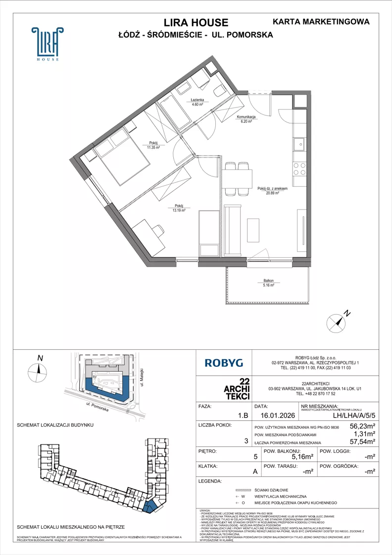 3 pokoje, mieszkanie 56,23 m², piętro 5, oferta nr LH/LHA/A/5/5, Lira House, Łódź, Śródmieście, ul. Pomorska