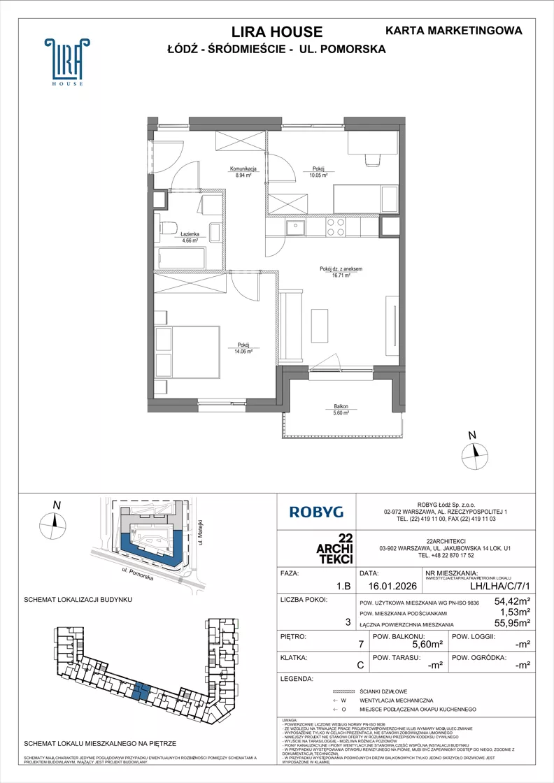 3 pokoje, mieszkanie 54,42 m², piętro 7, oferta nr LH/LHA/C/7/1, Lira House, Łódź, Śródmieście, ul. Pomorska