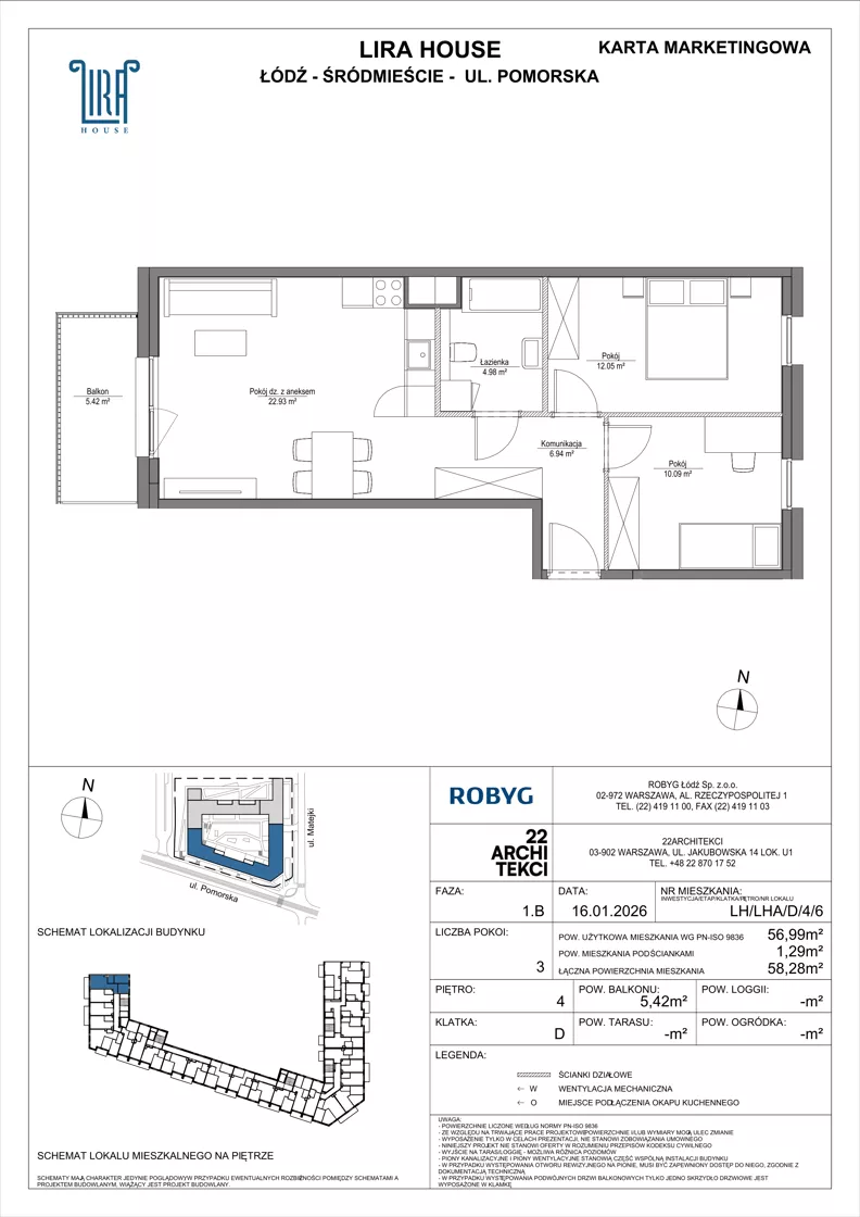 3 pokoje, mieszkanie 56,99 m², piętro 4, oferta nr LH/LHA/D/4/6, Lira House, Łódź, Śródmieście, ul. Pomorska