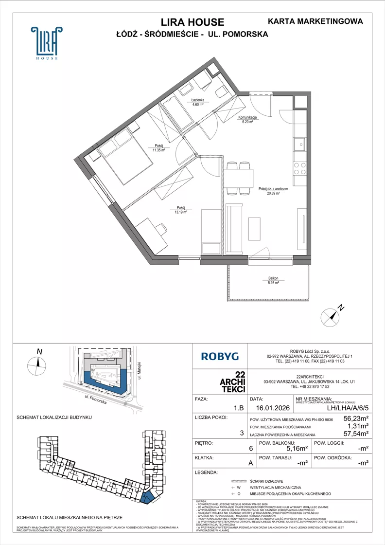 3 pokoje, mieszkanie 56,23 m², piętro 6, oferta nr LH/LHA/A/6/5, Lira House, Łódź, Śródmieście, ul. Pomorska