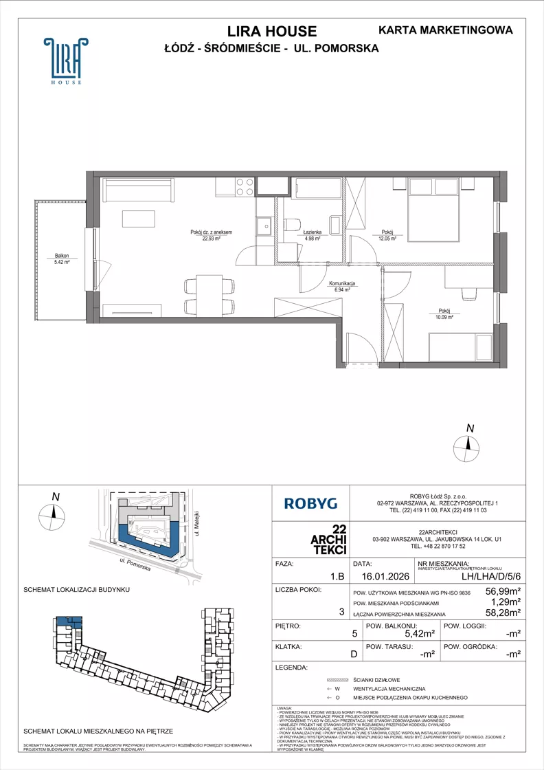 3 pokoje, mieszkanie 56,99 m², piętro 5, oferta nr LH/LHA/D/5/6, Lira House, Łódź, Śródmieście, ul. Pomorska