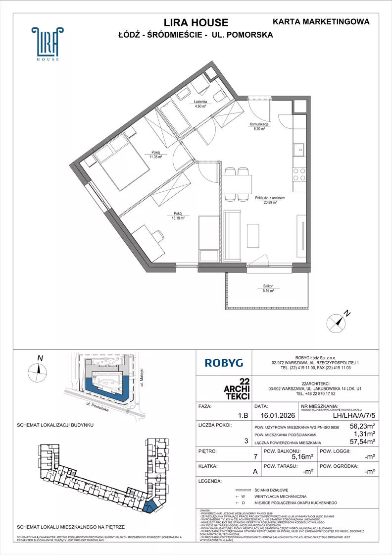 3 pokoje, mieszkanie 56,23 m², piętro 7, oferta nr LH/LHA/A/7/5, Lira House, Łódź, Śródmieście, ul. Pomorska