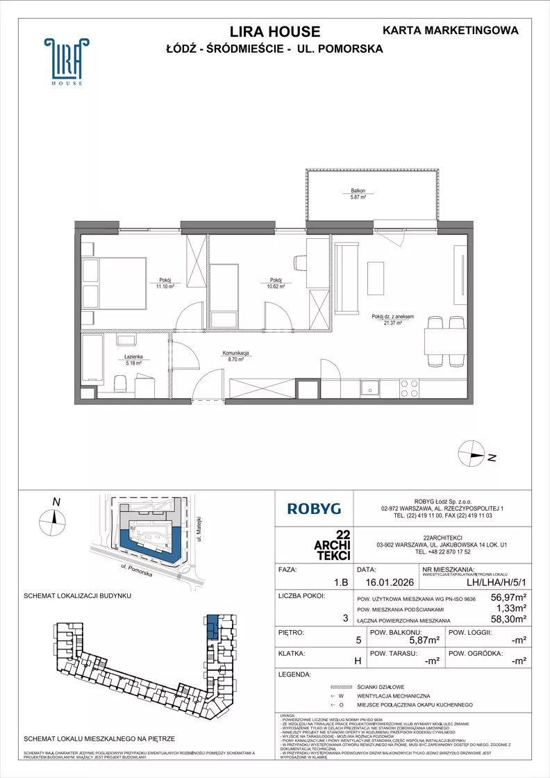 3 pokoje, mieszkanie 56,97 m², piętro 5, oferta nr LH/LHA/H/5/1, Lira House, Łódź, Śródmieście, ul. Pomorska