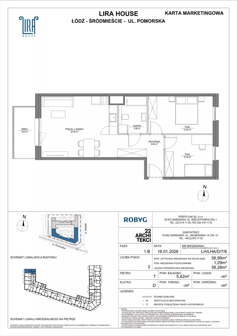 3 pokoje, mieszkanie 56,99 m², piętro 7, oferta nr LH/LHA/D/7/6, Lira House, Łódź, Śródmieście, ul. Pomorska