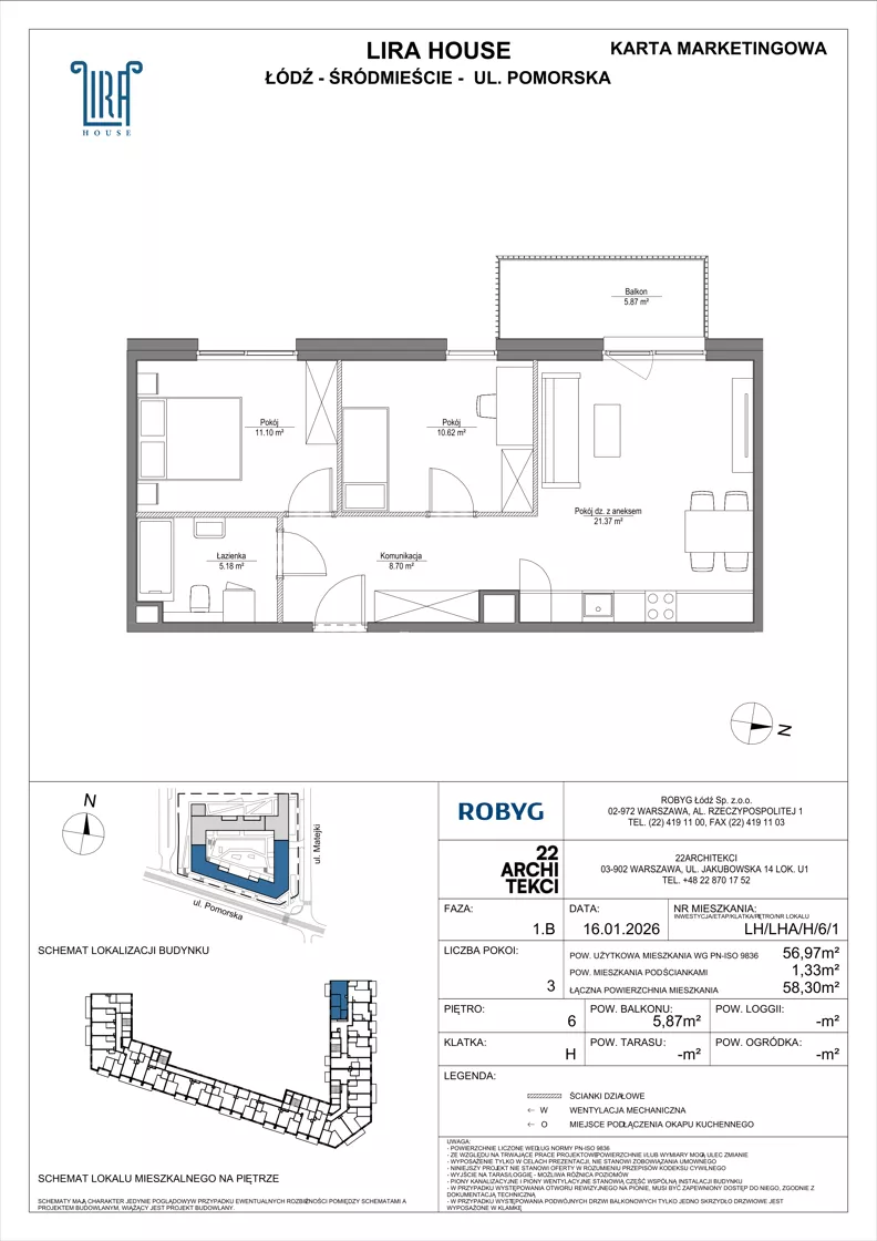 3 pokoje, mieszkanie 56,97 m², piętro 6, oferta nr LH/LHA/H/6/1, Lira House, Łódź, Śródmieście, ul. Pomorska