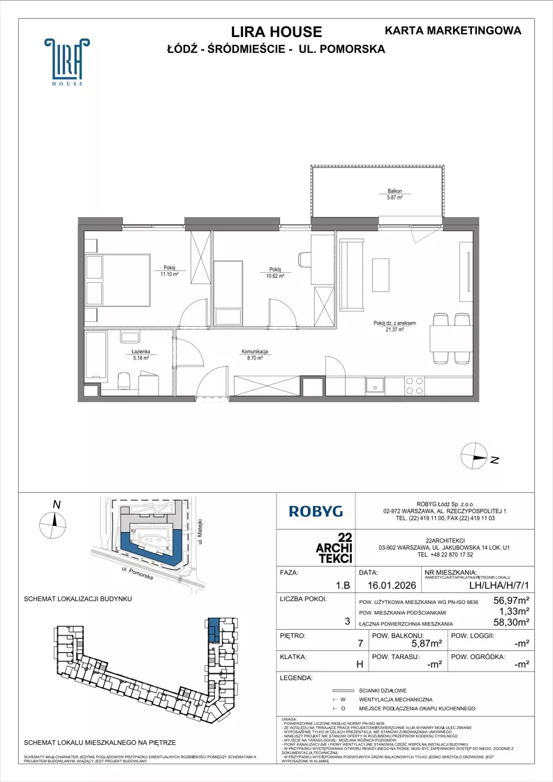 3 pokoje, mieszkanie 56,97 m², piętro 7, oferta nr LH/LHA/H/7/1, Lira House, Łódź, Śródmieście, ul. Pomorska