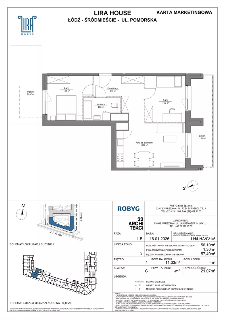3 pokoje, mieszkanie 56,10 m², piętro 1, oferta nr LH/LHA/C/1/5, Lira House, Łódź, Śródmieście, ul. Pomorska