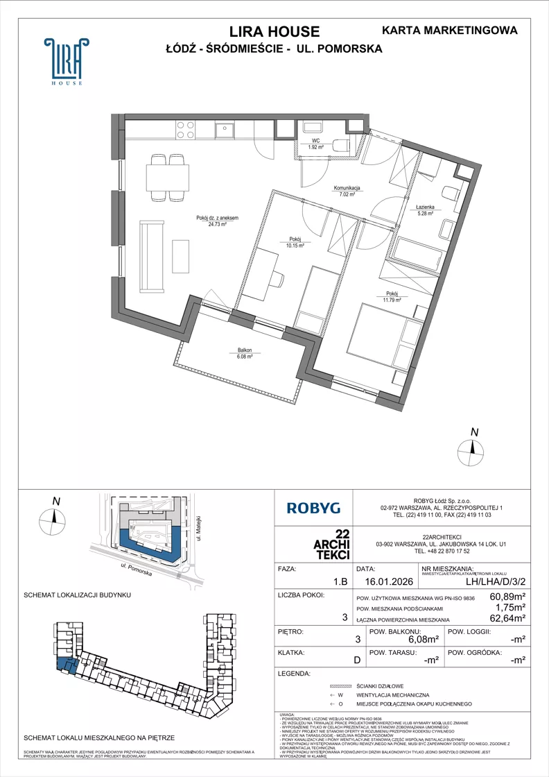 3 pokoje, mieszkanie 60,89 m², piętro 3, oferta nr LH/LHA/D/3/2, Lira House, Łódź, Śródmieście, ul. Pomorska