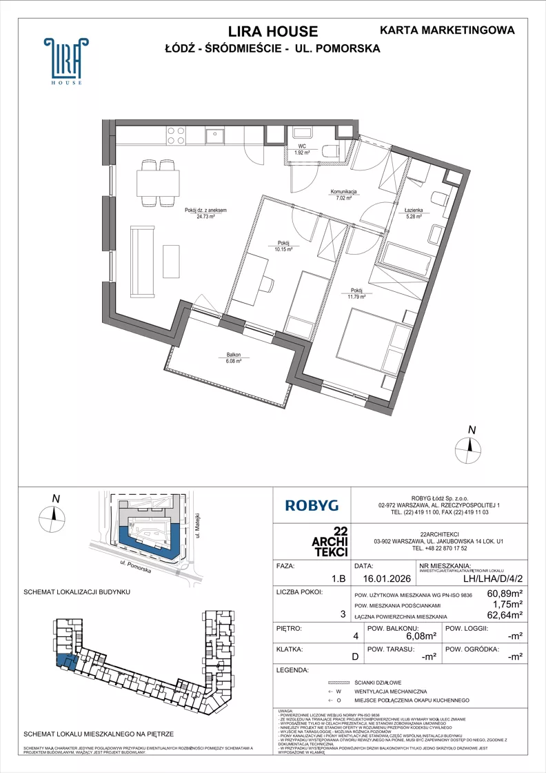 3 pokoje, mieszkanie 60,89 m², piętro 4, oferta nr LH/LHA/D/4/2, Lira House, Łódź, Śródmieście, ul. Pomorska