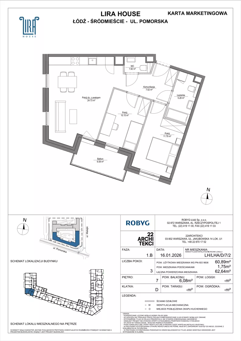 3 pokoje, mieszkanie 60,89 m², piętro 7, oferta nr LH/LHA/D/7/2, Lira House, Łódź, Śródmieście, ul. Pomorska