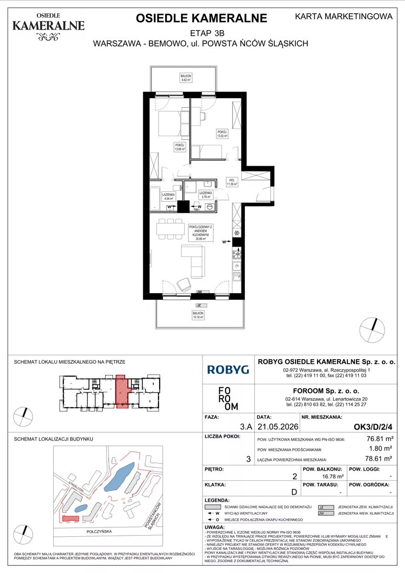 3 pokoje, mieszkanie 76,81 m², piętro 2, oferta nr OK3/D/2/4, Osiedle Kameralne 3/5, Warszawa, Bemowo, Jelonki Południowe, ul. Powstańców Śląskich / Połczyńska