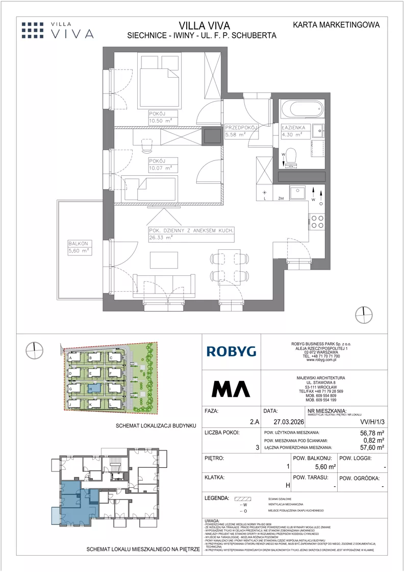 3 pokoje, mieszkanie 56,78 m², piętro 1, oferta nr VV/H/1/3, Villa Viva, Wrocław, Jagodno, Fabryczna, ul. Schuberta