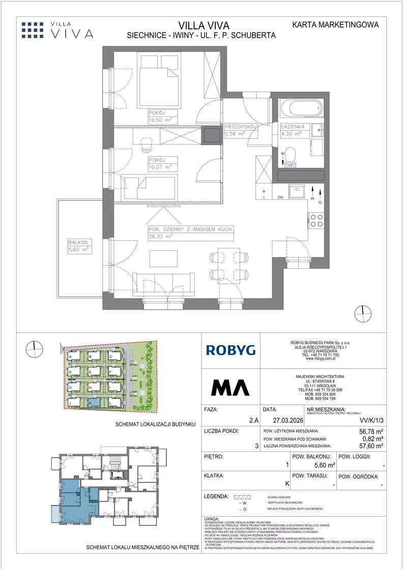 3 pokoje, mieszkanie 56,78 m², piętro 1, oferta nr VV/K/1/3, Villa Viva, Wrocław, Jagodno, Fabryczna, ul. Schuberta