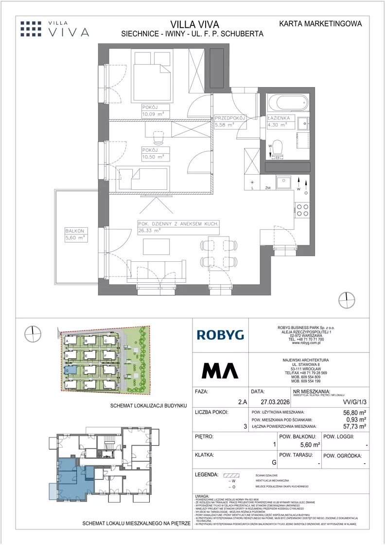 3 pokoje, mieszkanie 56,80 m², piętro 1, oferta nr VV/G/1/3, Villa Viva, Wrocław, Jagodno, Fabryczna, ul. Schuberta