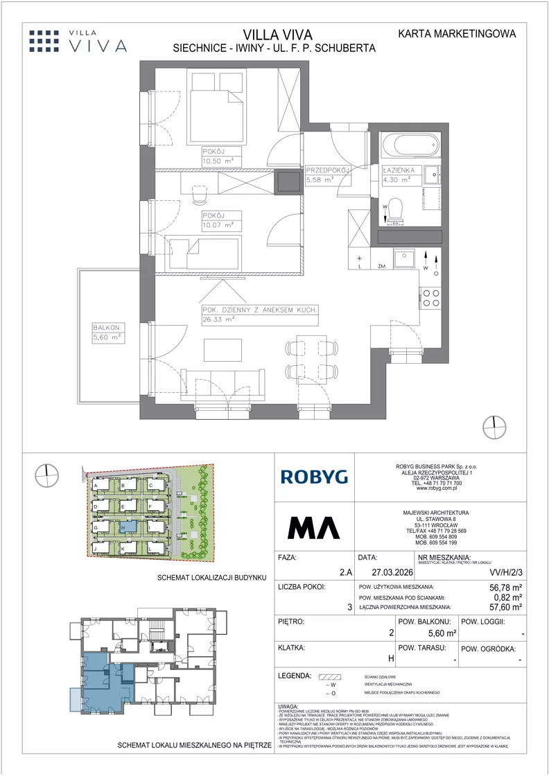 3 pokoje, mieszkanie 56,78 m², piętro 2, oferta nr VV/H/2/3, Villa Viva, Wrocław, Jagodno, Fabryczna, ul. Schuberta