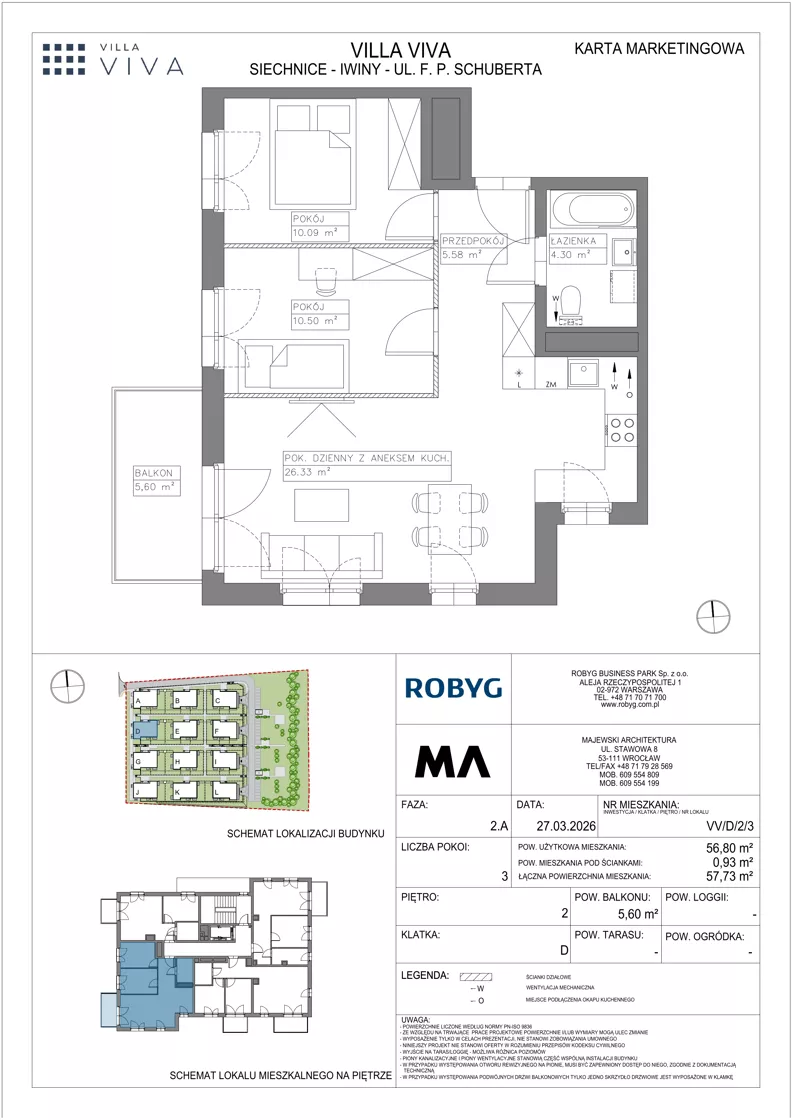 3 pokoje, mieszkanie 56,80 m², piętro 2, oferta nr VV/D/2/3, Villa Viva, Wrocław, Jagodno, Fabryczna, ul. Schuberta