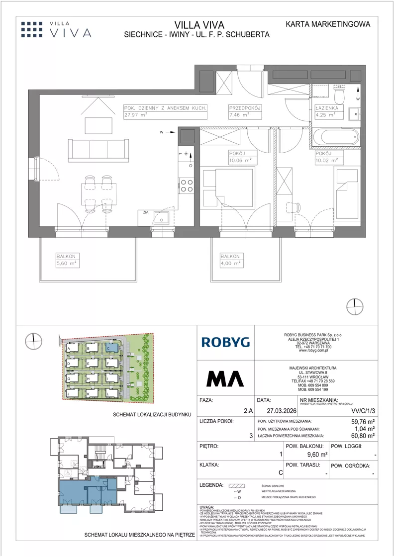 3 pokoje, mieszkanie 59,76 m², piętro 1, oferta nr VV/C/1/3, Villa Viva, Wrocław, Jagodno, Fabryczna, ul. Schuberta