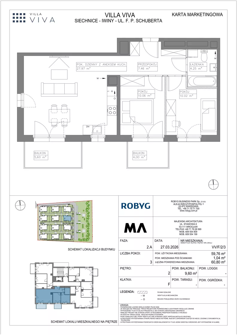 3 pokoje, mieszkanie 59,76 m², piętro 2, oferta nr VV/F/2/3, Villa Viva, Wrocław, Jagodno, Fabryczna, ul. Schuberta