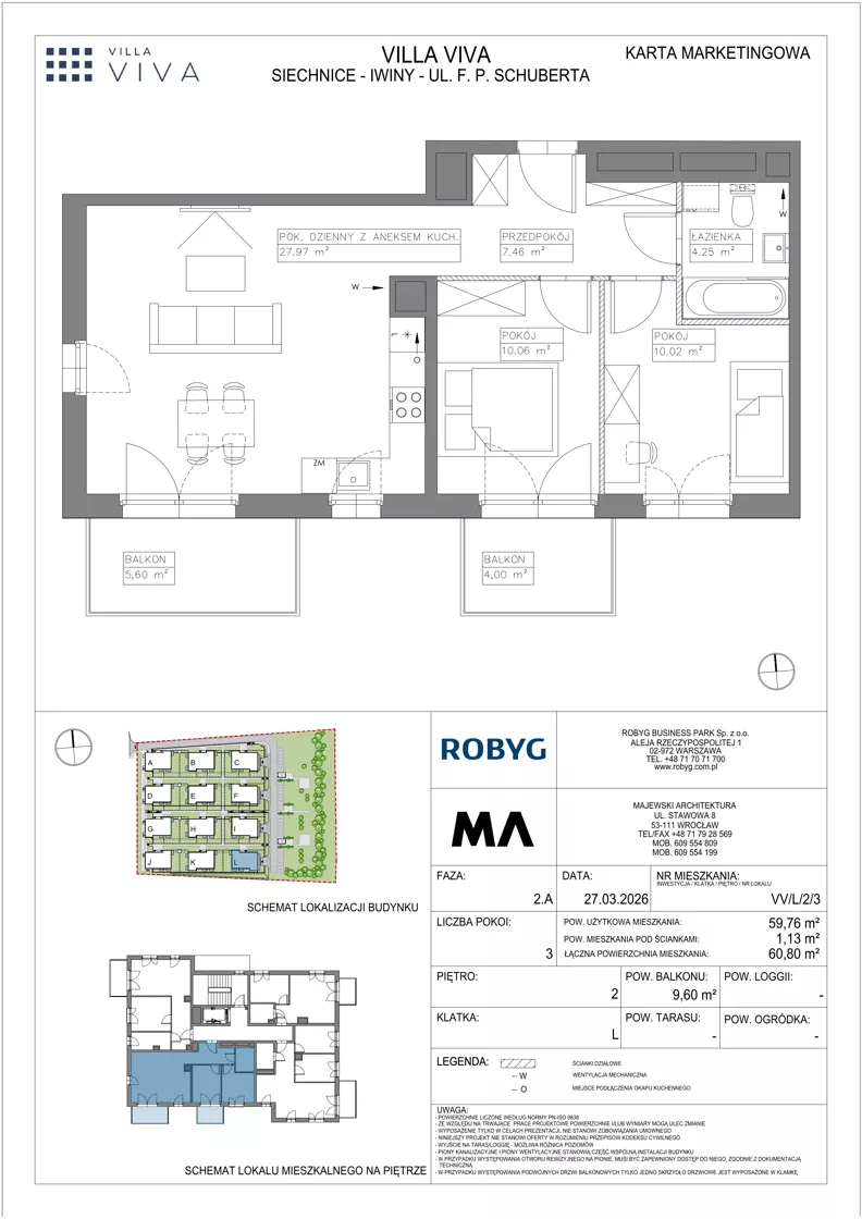 3 pokoje, mieszkanie 59,76 m², piętro 2, oferta nr VV/L/2/3, Villa Viva, Wrocław, Jagodno, Fabryczna, ul. Schuberta