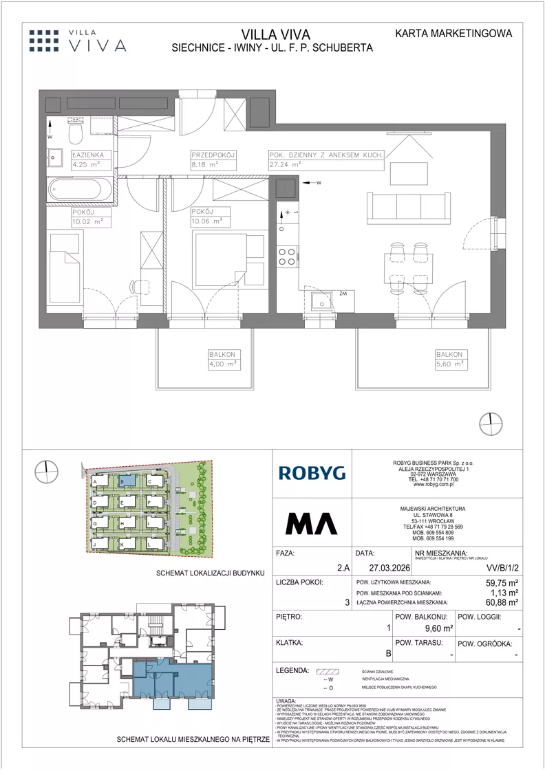 3 pokoje, mieszkanie 59,75 m², piętro 1, oferta nr VV/B/1/2, Villa Viva, Wrocław, Jagodno, Fabryczna, ul. Schuberta